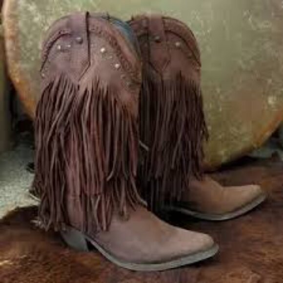 ✨️Liberty Black Vegas Fringe T-Moro Chocolate Brown Tiered Cowboy Boots Size 8.5 - Picture 3 of 10